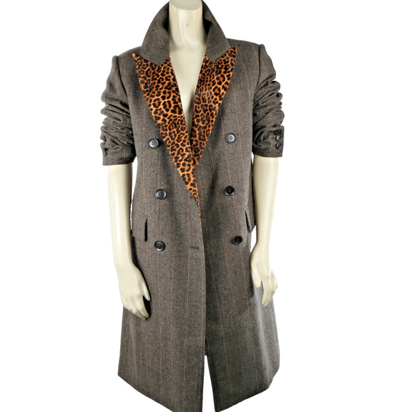 BCBG MAXAZRIA Dark Brown Herringbone Wool Calf Hair Leopard Coat Size S $498 - Picture 1 of 16